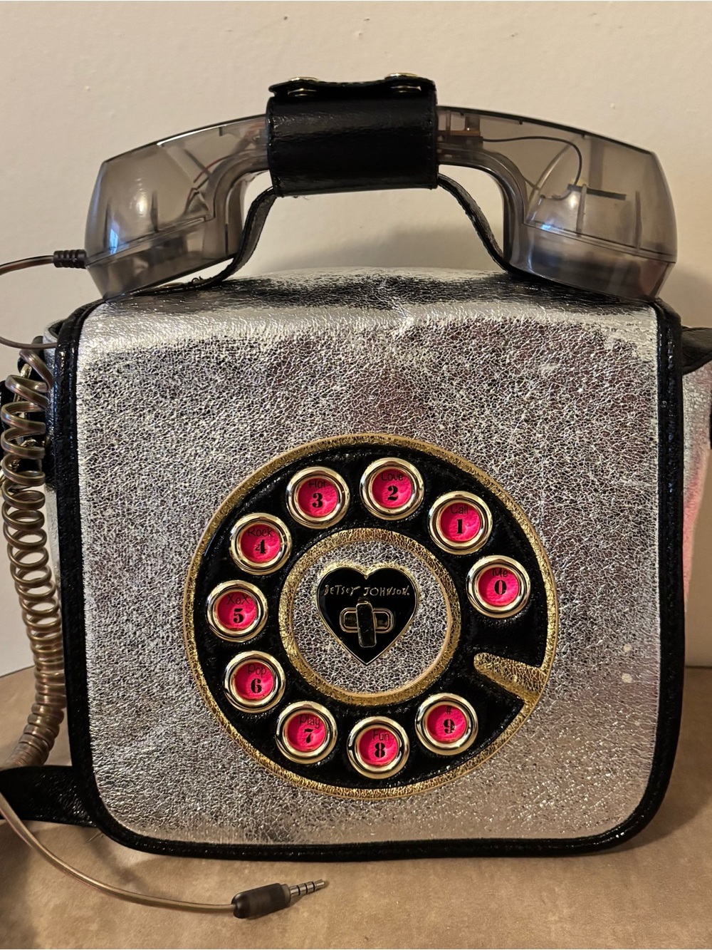 Betsey Johnson Silver Retro Phone-Shaped Crossbody Bag - Silver & Pink WORKS!